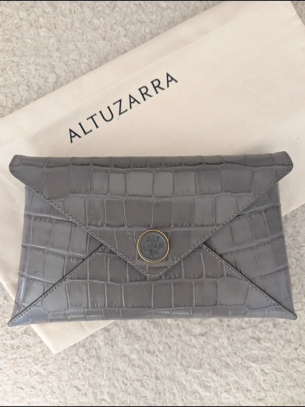 Altuzarra Gray Croc-Embossed Envelope Clutch with Logo Medallion